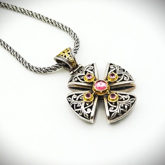 KONSTANTINO Sterling Silver 18K Yellow Gold Pink Tourmaline Cross Chain Necklace